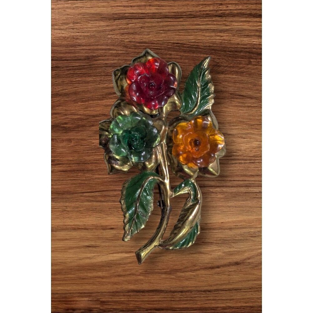 Vintage antique metal  enamel floral‎ l leaf  brooch pin  3"green orange red